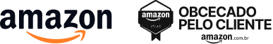 Logotipo da Amazon ao lado do selo com a frase "Obcecado pelo cliente" e o logotipo da amazon.com.br.