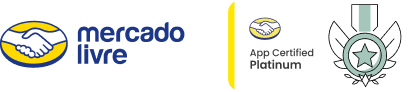 Logotipo do Mercado Livre acompanhado do selo App Certified Platinum e de uma medalha com estrela.