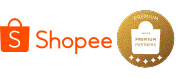 Logotipo da Shopee ao lado do selo dourado de parceiro oficial Shopee Premium Partners com cinco estrelas.