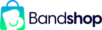 Logotipo da Bandshop com &iacute;cone de sacola de compras em degrad&ecirc; azul e verde contendo uma letra B sorridente, ao lado do texto Bandshop em azul-escuro.