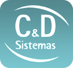 Logotipo da C&D Sistemas em letras brancas sobre fundo azul-turquesa, emoldurado por arcos curvos brancos.