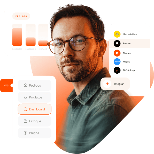 Homem com interface de gestão de pedidos, produtos e integrações com marketplaces.