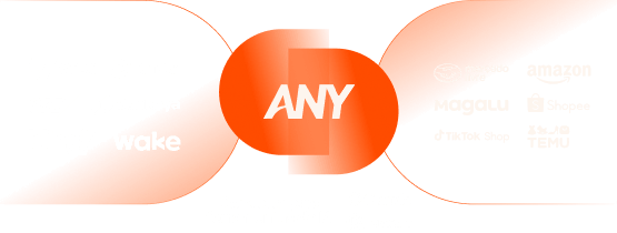 Logo laranja da ANY ao centro, conectando logotipos de e-commerces e marketplaces como Mercado Livre, Amazon, Magalu, Shopee, TikTok Shop e Temu.