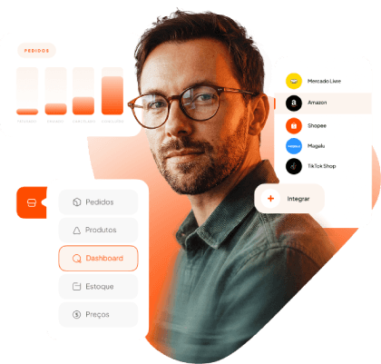 Homem de óculos rodeado por elementos de interface de gestão para e-commerce, incluindo gráficos de pedidos, menu de navegação e integração com marketplaces como Mercado Livre, Amazon e Shopee.