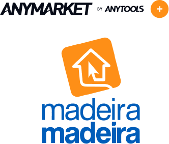 Logotipos do ANYMARKET e da MadeiraMadeira com símbolo de adição, representando integração entre as plataformas.