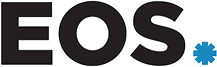 Logotipo da EOS em letras mai&uacute;sculas pretas acompanhado por um pequeno asterisco azul no canto inferior direito.